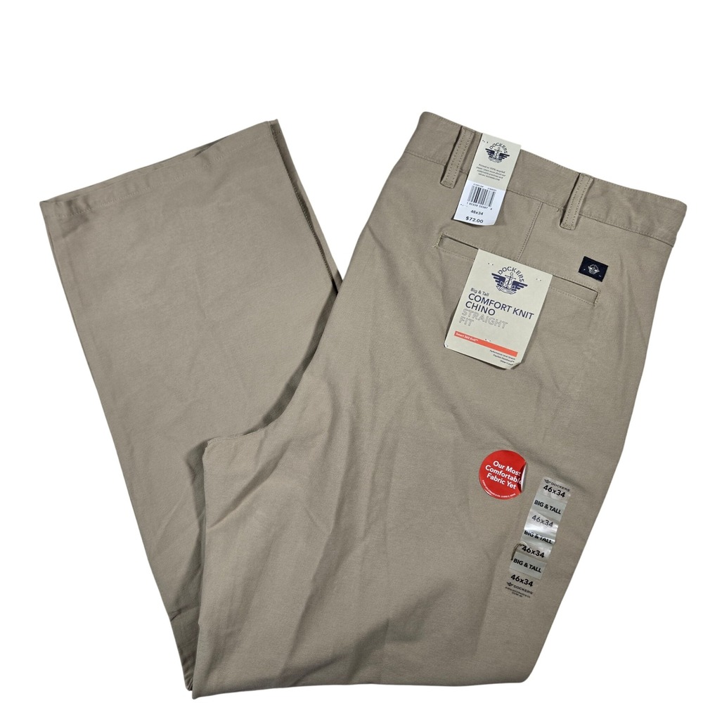Dockers Mens 46x34 Big & Tall Comfort Knit Chino Straight Fit Khaki Pants Tan